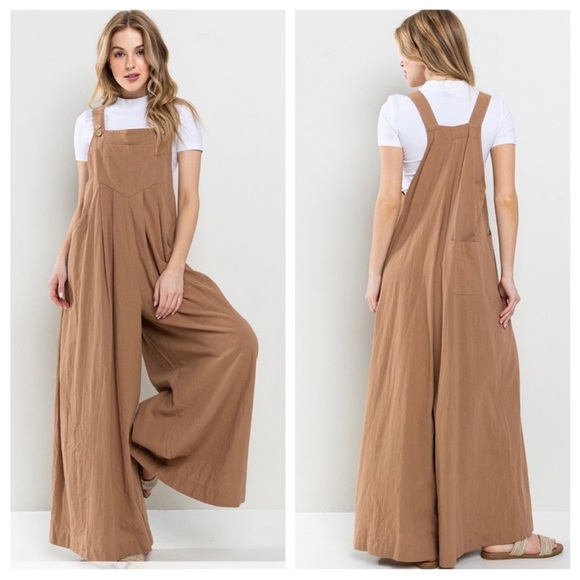NEW Boho Solid Linen Three Button Wide Leg Jumpsuit - Picture 6 of 10